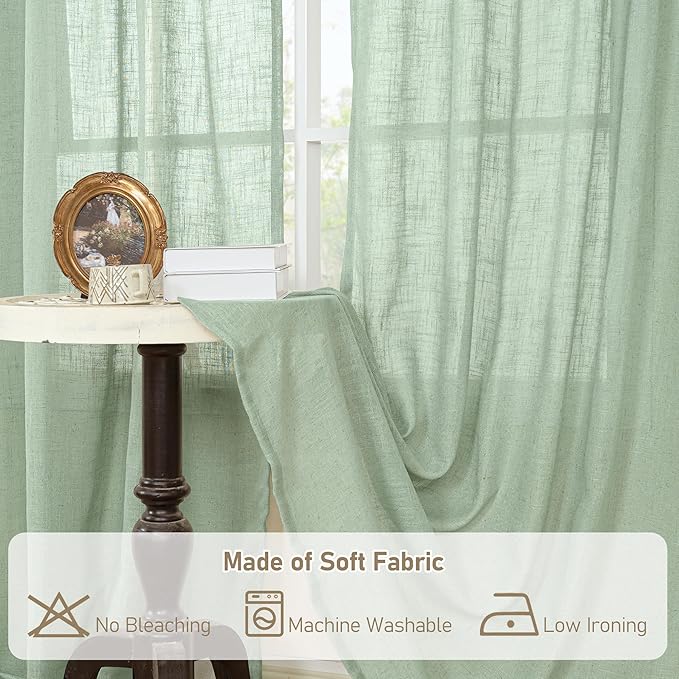 LAMIT Sheer Linen Curtains 63 Inch for Bedroom, Light Filtering Neutral Semi Sheer Farmhouse Boho Curtains Back Tab and Rod Pocket Living Room Panels, Fresh Green, 2 Panels, 52 x 63 Inch
