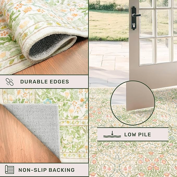 Beige Green 4x6 Washable Area Rug for Living Room, Large Entryway, Nursery, Bedroom, Kitchen, Ultra Soft Non Slip Stain Resistance, Floral Distressed Aethestic Design
