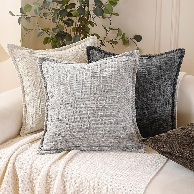 HPUK Fall Chenille Soft Throw Pillow Covers 18x18 Set of 2, Accent Cushion Covers for Living Room, Bedroom, Decorative Solid Color Pillow Covers for Couch, Sofa, Chair, White