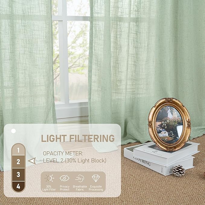 LAMIT Fresh Green Linen Curtains for Living Room, 80 Inch Faux Linen Textured Light Filtering Drapes Back Tab and Rod Pocket Boho Panels for Farmhouse/Bedroom/Porch, 52 x 80 Inch, 2 Panels Set