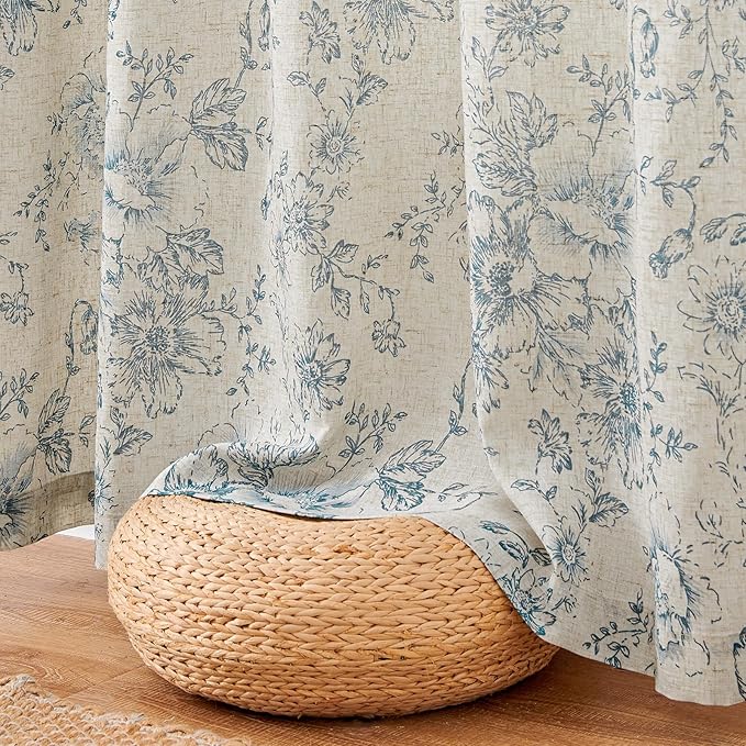 jinchan Lined Linen Blend Curtain Floral Curtains for Living Room 63 Inch Length Blue Peony Flower Printed Curtain Rod Pocket Back Tab Farmhouse Patterned Drapes Bedroom Window Curtains Set 2 Panels