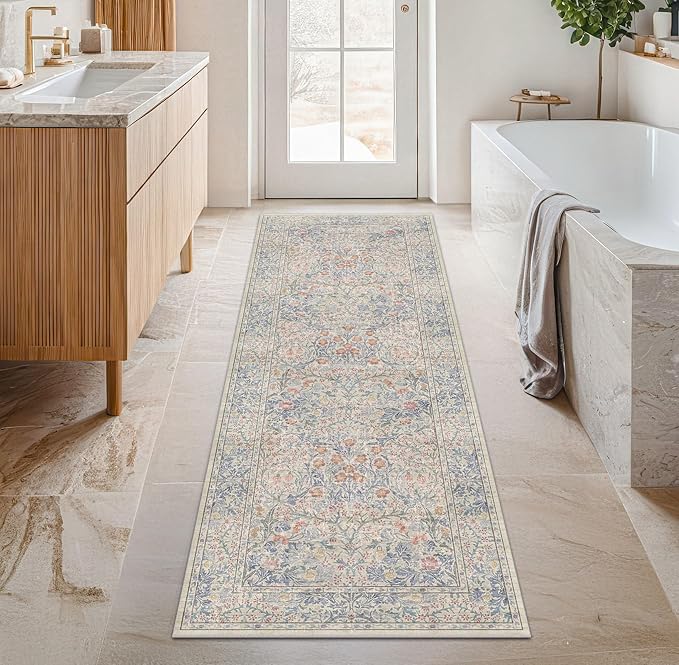 Hazo Haus Washable Bathroom Runner Rug 2x6 - Long Runner Rugs for Laundry Room, Bedroom, 24 x 72 Kitchen Floor Mat - Non Slip Vintage Design Décor, Beige Blue