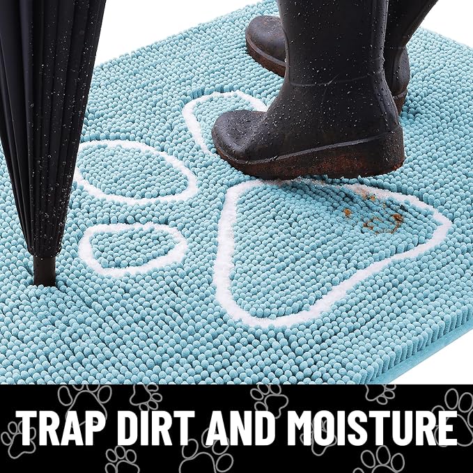 Smiry Dog Door Mat for Muddy Paws, Absorbent Dirt Trapper Non Slip Quick Dry Washable Chenille Mat for Mud Dogs, Entry Rug for Indoor and Outdoor (40x32 Inches, Sky Blue and White)