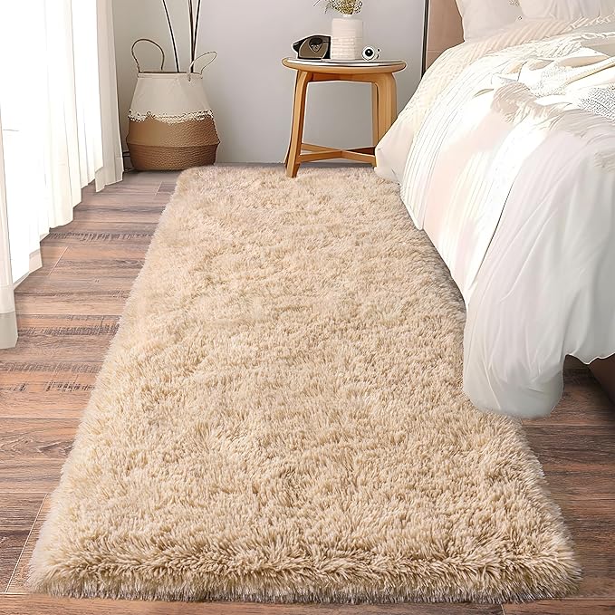 Fluffy Shag Runner Rugs for Bedroom Hallways, 2x8 Beige Long Soft Throw Area Rug Non Slip for Bedside Dorm, Shaggy Furry Carpet for Nursery Living Room Home Decor