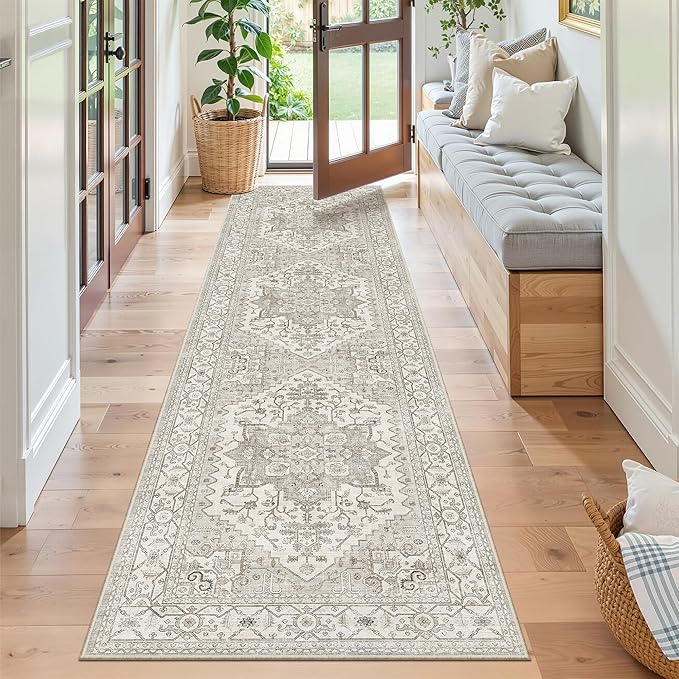 Madane Kitchen Runner Rug - 2x7 Runner Rugs with Rubber Backing Non Slip Vintage Washable Rug Runner Ultra-Thin Throw Carpet Runners for Hallways Bedroom Laundry Room (2'x7', Beige/Brown)