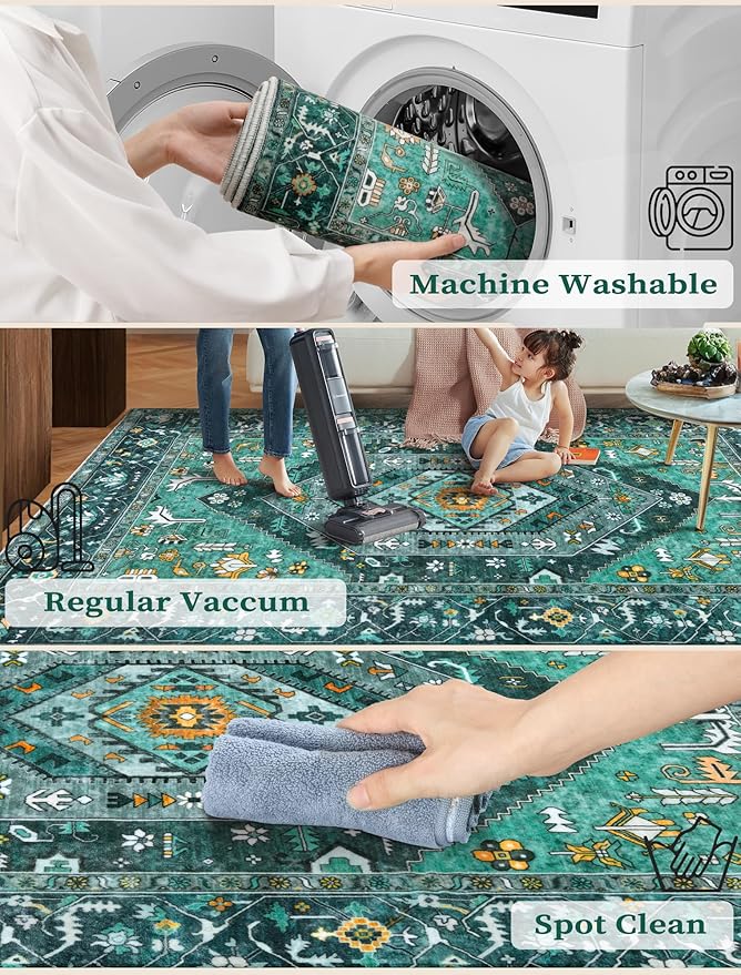 SERISSA Boho Washable Runner Rug, 2x5 Rug Runner Non-Slip Vintage Teal Hallway Kitchen Runner Rug Ultra Soft Print Distressed Tribal Floor Carpet Runner for Bedroom Bathroom Laundry Living Room