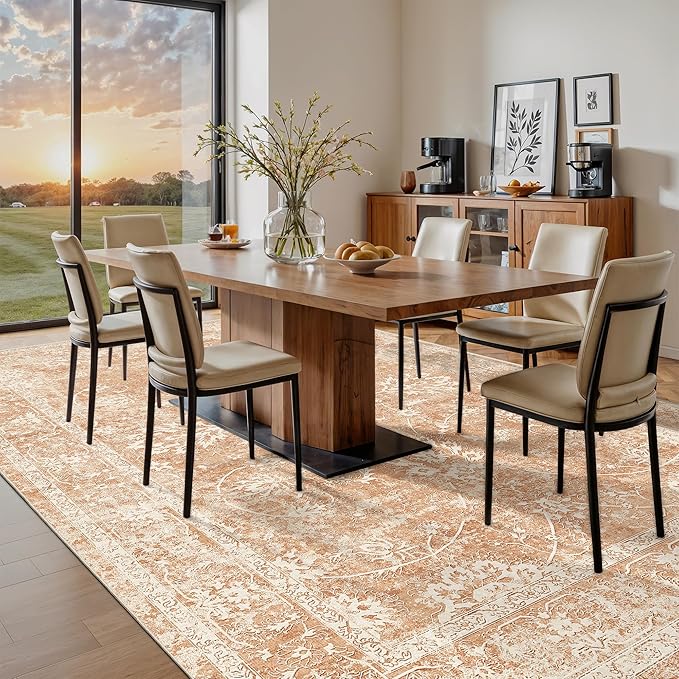 Madane 9x12 Area Rugs for Living Room, Machine Washable Vintage Rug with Non-Slip Backing, Soft Floral Print Large Throw Rugs, Thin Carpet for Bedroom Dining Room Farmhouse (9 x 12, Jasper Orange)