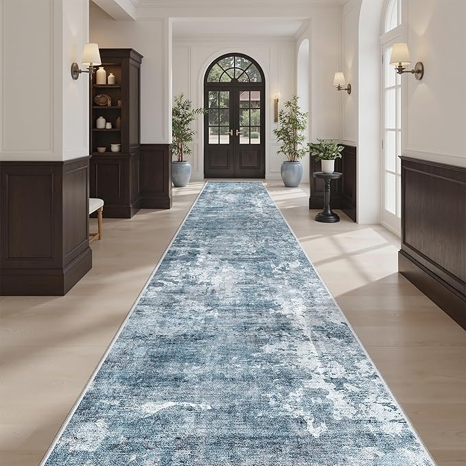 Runner Rug 2'6" x 16' Washable Non-Slip 2.5x16 ft Long Runner Rugs for Kitchen Bathroom Laundry Room Vintage Ultra Thin Runners for Hallway Entryway Blue/Grey