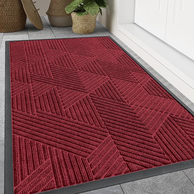 Smiry Front Door Mat Outside Entrance, Heavy Duty Sturdy Natural Rubber Doormat, Trap Dirt and Moisture, Easy Clean Low Profile Mats for Indoor Outdoor Entry, Irregular Triangle (71x47, Wine Red)