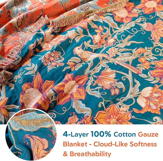 MSGKV Boho Throw Blanket for Bed Twin Size 100% Cotton Floral Bird Blanket 60"x80" Sofa Couch Blankets Muslin Spring Breathable Lightweight Farmhouse Blankets Boho Home Decor All Seasons
