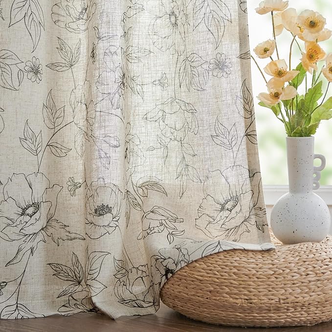 jinchan Floral Linen Curtains for Living Room 63 Inch Length Grey Flower Curtain Rod Pocket Back Tab Farmhouse Curtains with Printed Floral Bedroom Window Curtain Set, 2 Panels Gray