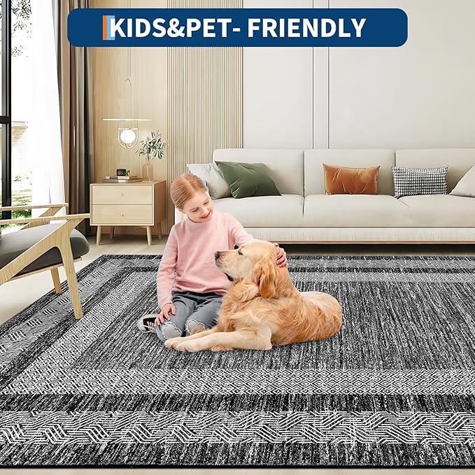 GarveeHome Large Washable Rug 9x12 Modern Geometric Non Slip, Distressed Bordered Printed Rug, Soft Non Shedding Indoor Carpet, Low Pile Thin Foldable Mats for Open Spaces Offices, Black