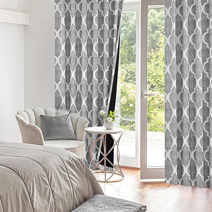 Beauoop 100% Blackout Curtains 63 Inches Long 2 Panels for Bedroom Living Room Grey Moroccan Geo Room Darkening Thermal Insulated Soundproof Rod Pocket Back Tab Window Treatments Drapes, 50x63