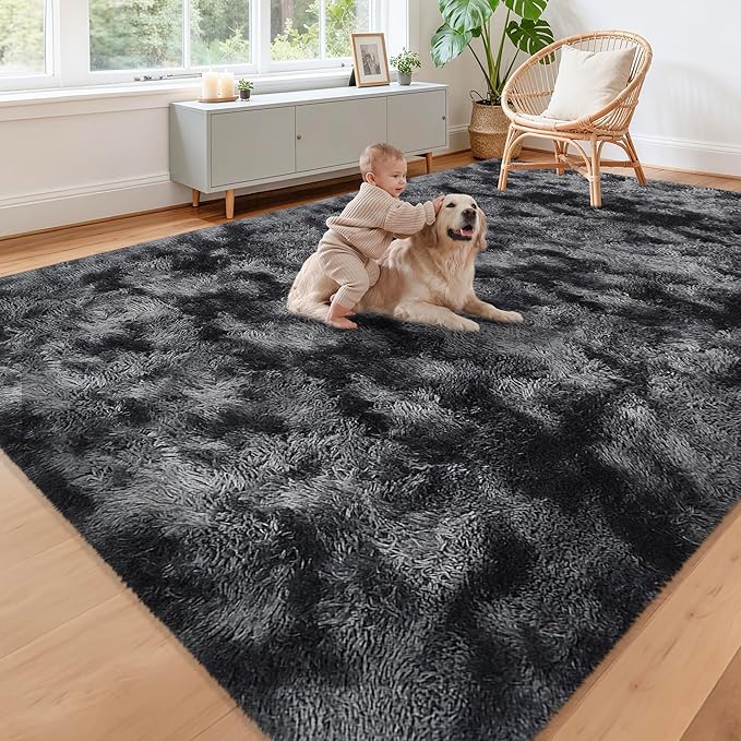 Black Grey Tie-Dyed Rug for Living Room 8x10 Fluffy Area Rug Mat Bedside Throw Rug for Bedroom Kids Room Boys Teens Nursery Baby Dorm Office Home Decor Aesthetic Carpets