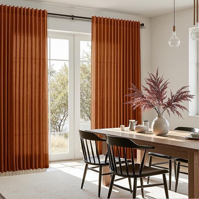 Nanspring Rust Linen Curtains 102 Inches Long for Living Room Light Filtering Semi Sheer Curtain Back Tab and Rod Pocket Vintage Rustic Luxury Home Decor Drapes for Bedroom Office 52x102, 2 Panels
