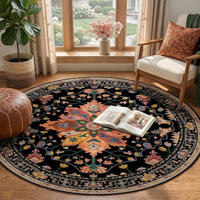 Area Rugs 4ft Washable Non-Slip, Floral Vintage Distress Print Pattern Medallion Carpet for Living Room Bedroom Dining Room, Black Colorful Floral Dark Tan