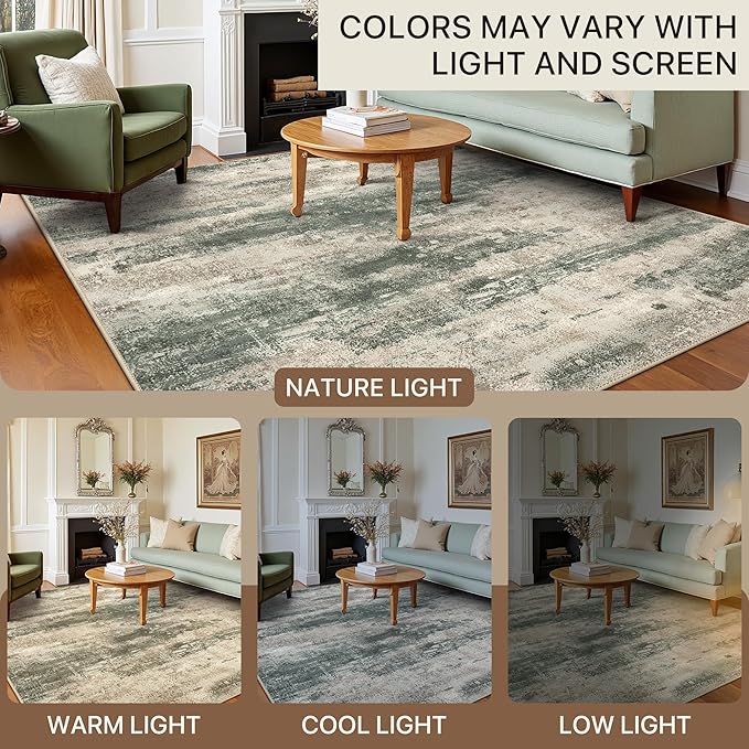 Area Rugs 8x10 for Living Room Bedroom, Modern Abstract Machine Washable Rug, Large Soft Low Pile Floor Cover with Non Slip Backing for Dining Room, Grey/Dark Green