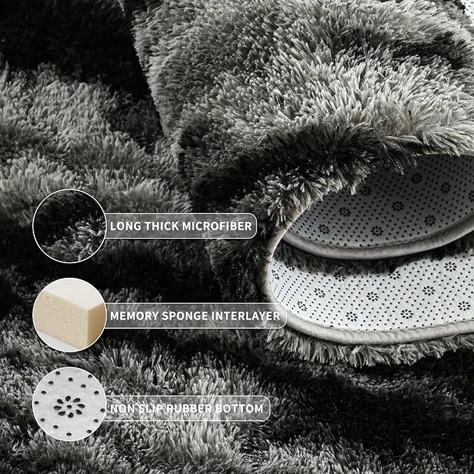 Tepook Area Rugs 9x12 for Living Room, Super Soft Fluffy Rugs for Bedroom, Modern Shaggy Rug Fuzzy Carpets for Kids, Plush Indoor Nursery Home Decor Rug with Non-Slip Bottom, Black Grey