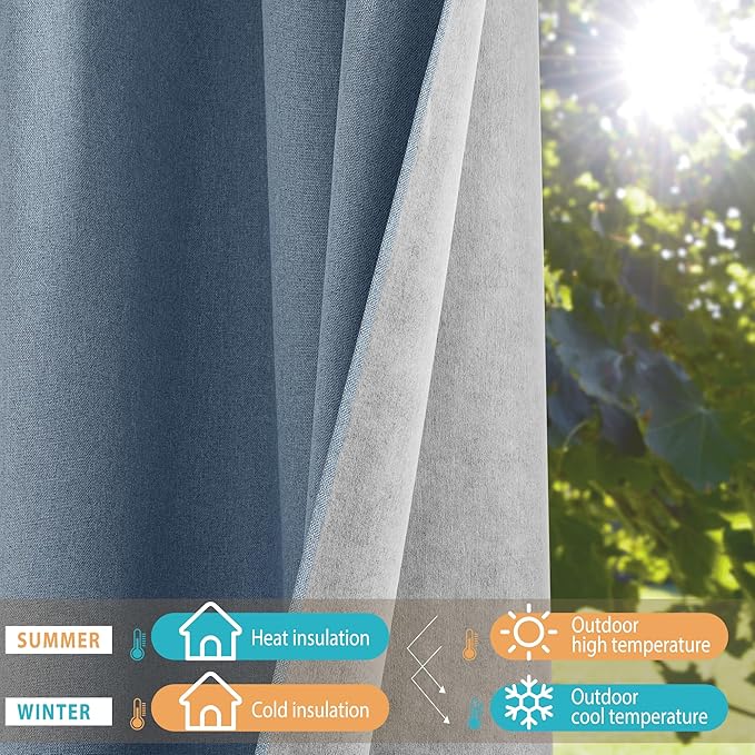 NICETOWN Stone Blue Full Shade Faux Linen Curtain Panels 90" Long, Pair of Energy Smart & Noise Blocking Out Blackout Drapes for Guest Room Window, Thermal Insulated Lined Window Dressing (52 inch)