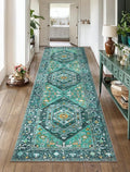 SERISSA Boho Washable Runner Rug, 2'6"x8' Rug Runner Non-Slip Vintage Teal Hallway Kitchen Runner Rug Ultra Soft Print Distressed Tribal Floor Carpet Runner for Bedroom Bathroom Laundry Room