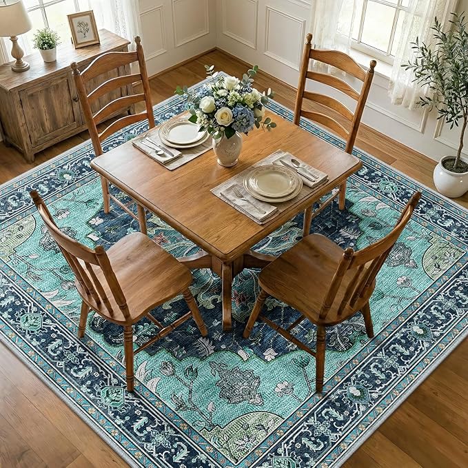 RELEANY Area Rugs Square 8ft Washable Non-Slip, Floral Vintage Distress Print Pattern Medallion Carpet for Living Room Bedroom Dining Room, Teal Green Lake Blue Turquoise