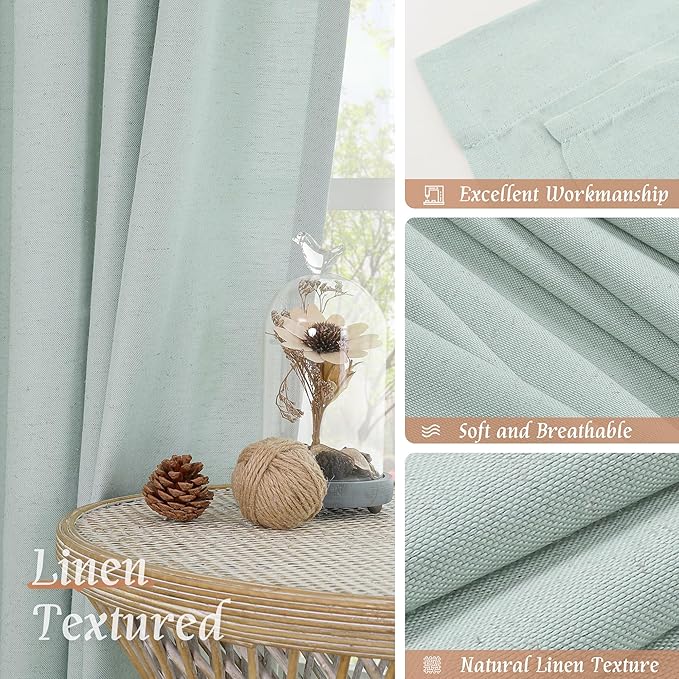 LAMIT Linen Curtains 63 Inch for Bedroom, Light Filtering Neutral Semi Sheer Window Treatment Farmhouse Curtains Rod Pocket Panels for Living Room/Dining Room, 2 Panels, 52 x 63 Inch, Light Blue