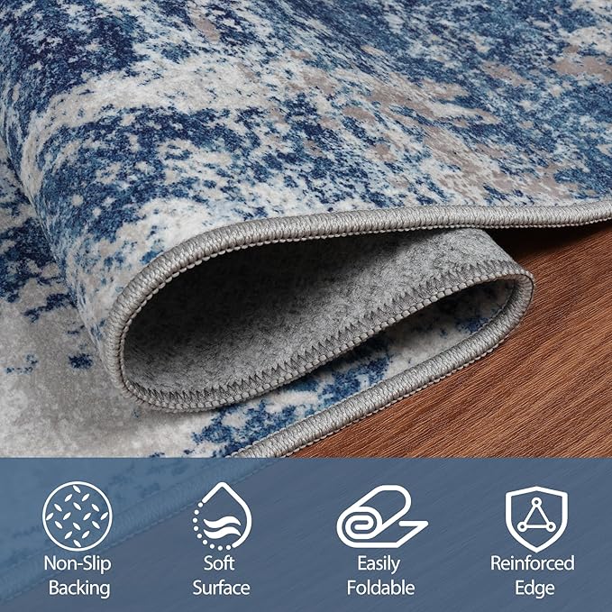 Runner Rug for Hallways Kitchen 2'6"x8' Washable Non Slip: Carpet Non Skid 8ft Entryway Rubber Backed 8 Feet Neutral Abstract Modern Rug Low Pile Pet Friendly Indoor Blue Grey White