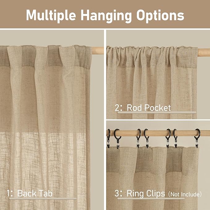 LAMIT Brown Linen Cafe Curtains 30 Inch Length, Semi Sheer Light Filtering Window Panels Back Tab and Rod Pocket Drapes for Kitchen/Small Windows, 25 x 30 Inch, 2 Panels