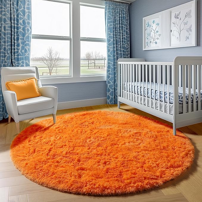 ONASAR Orange Round Area Rugs 4ft for Bedroom Living Room, Fluffy Circle Rug for Kids Girls Boys Teen, Soft Plush Shaggy Carpet for Nursery Dorm Classroom Playroom Home Decor Aesthetic