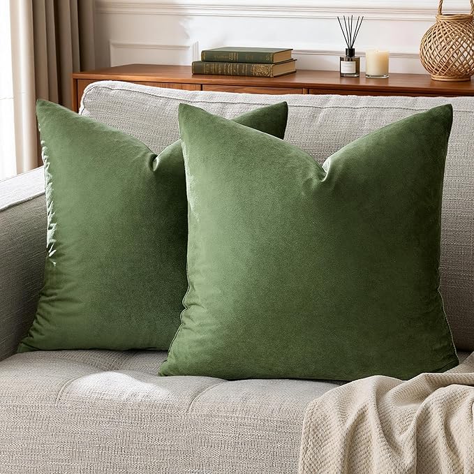 GIGIZAZA Pillow Covers 20x20 Velvet Decorative Pillows Sofa Couch Throw Pillow Covers Olive Green Pack of 2 Cushion Covers