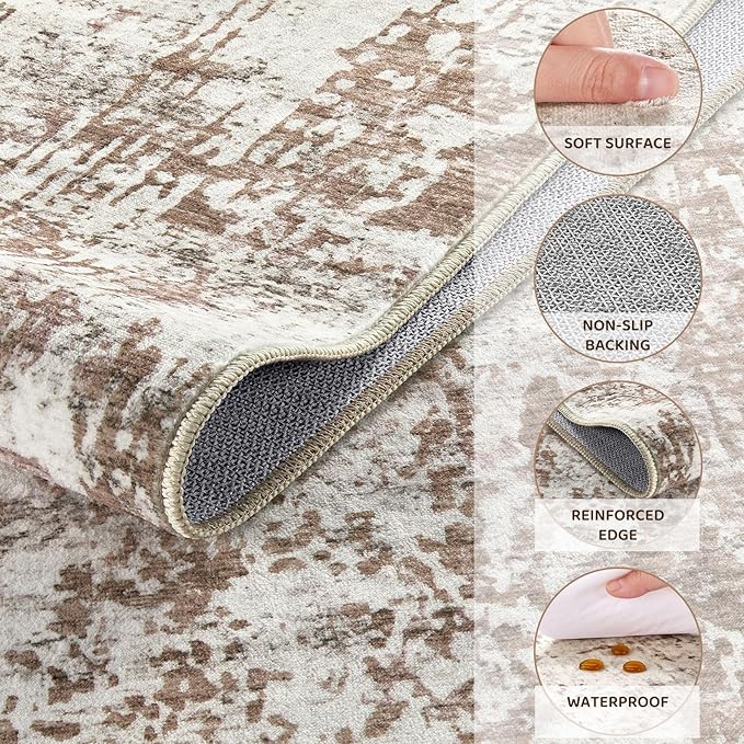 UERMEI Area Rug Living Room Rugs - Washable Neutral Modern Abstract Soft Thin Rug Indoor Floor No Slip Rug Carpet for Bedroom Under Dining Table Home Office Decor - Brown/Grey/Red - 5x7