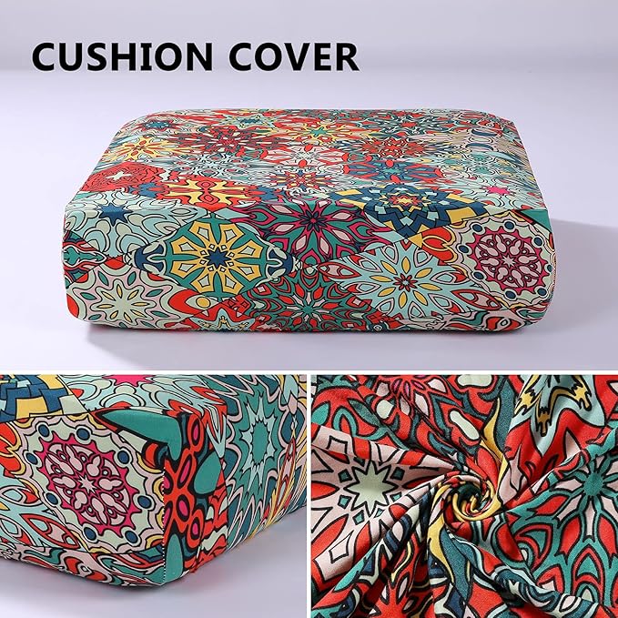 hyha Printed Couch Cushion Covers, Floral Sofa Covers Washable for 3 Cushion Couch, Stretch Pattern Outdoor Cushion Covers for Patio Furniture with Elastic Bottom(Large, Diamond Mandala)