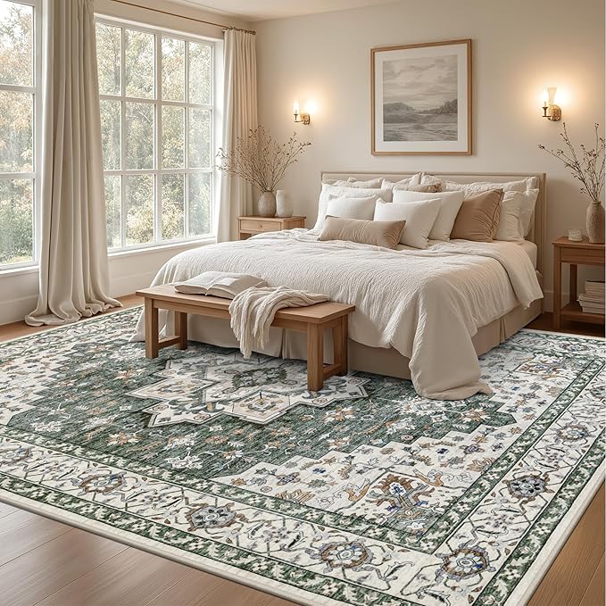 8x10 Area Rugs for Living Room: Washable Rug Soft Vintage Boho Medallion Carpet Indoor Non-Slip Stain Resistant Large Carpets for Bedroom Dining Room Farmhouse Nursery Home Office Green Ivory