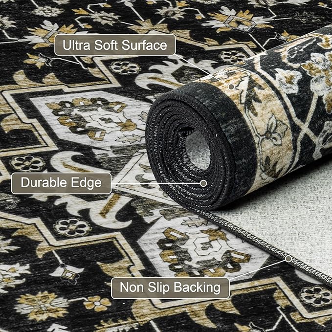 5x7 Area Rugs Living Room Rug: Washable Vintage Boho Medallion Rug No Slip Stain Resistant Soft Carpet Indoor Large Carpets for Bedroom Dining Room Farmhouse Nursery Hallway Home Office Black Gold