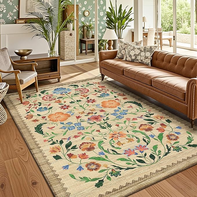 GarveeHome Washable Rug 9x12 Area Rugs for Living Room, Floral Rug for Bedroom, Soft Vintage Non Slip Throw Rugs with Rubber Back, Low Pile Stain Resistant Boho Floral Carpet for Dining Room, Beige