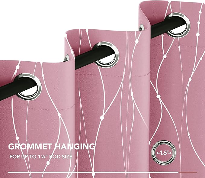 Deconovo Short Blackout Curtain, Pink Curtain, Thermal Insulated Soundproof Grommet Drapes, Wave Line Dot Foil Print, 38 x 54 Inch, 2 Panels, Machine‑Washable Window Panel for Small Windows Kitchne
