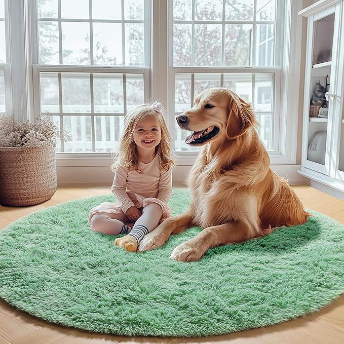 ONASAR Sage Green Round Area Rugs 5ft, Fluffy Soft Bedroom Circle Rug for Kids Girls Boys Teen Room, Cute Furry Plush Shaggy Carpet Floor Mat for Nursery Living Room Playroom Dorm Home Decor
