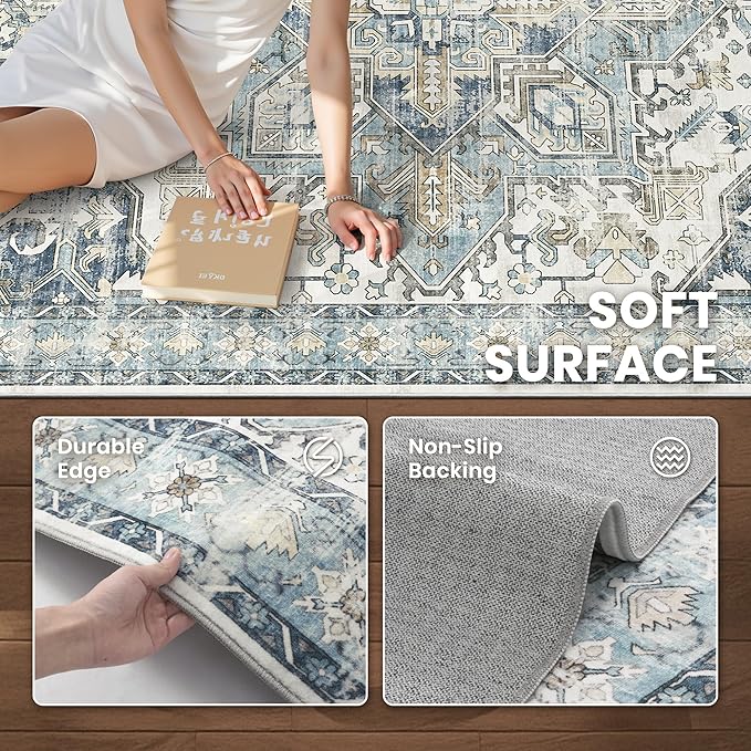 zesthome 5x7 Washable Rug-Stain Resistant Area Rugs for Living Room, Ultra-Thin Vintage Rugs, Non-Slip Backing Rug, Low Pile Large Area Rug, Boho Home Decor