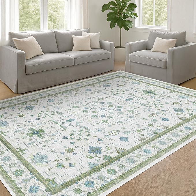 Hazo Haus Cream Oushak 6x8 Bedroom Rug - Boho Floral Cool Blue and Green, Washable Low Pile Non-Slip Ultra-Thin Large Area Rugs for Bed Room, Living Room