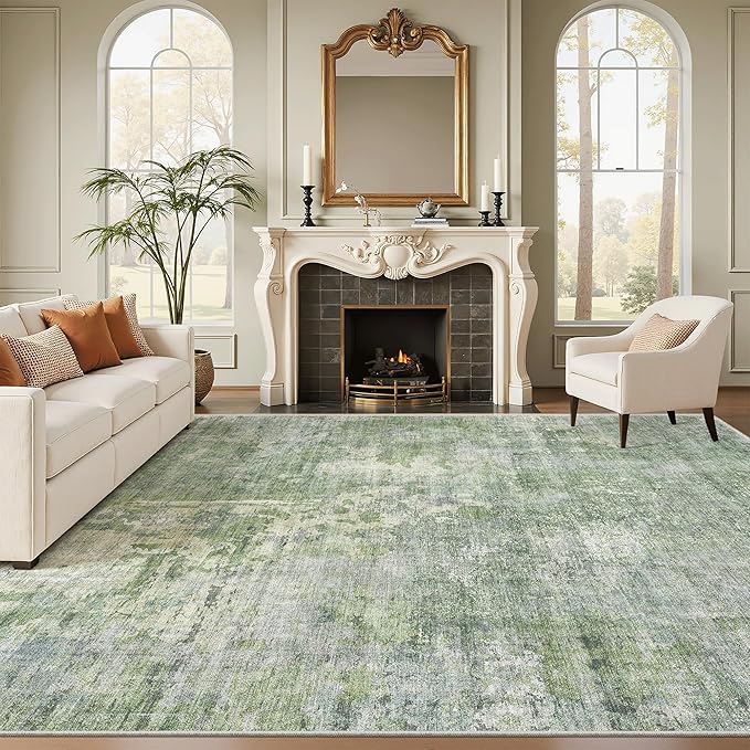 Washable Area Rug 8x12, Large Soft Rugs for Living Room Vintage Green/Ivory Carpet 8x12 Area Rugs for Bedroom Dining Room Non-Slip Stain Resistant Under Table Rug