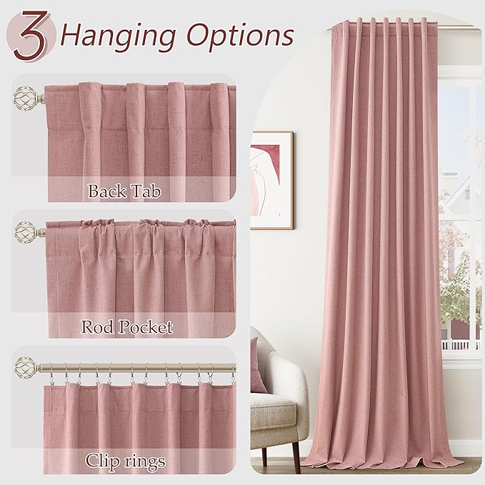 Guken 100% Blackout Curtains 102 Inch Length 2 Panels Set for Living Room Bedroom Back Tab Thermal Insulated Lack Out Linen Drapes Room Darkening Window Curtains 102 Inches Long, Ash Rose