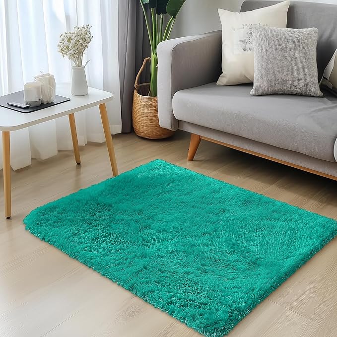OLANLY 3x5 Machine Washable Small Bedside Rug, Soft Fluffy Shaggy Rugs for Living Room, Bedroom, Indoor Floor Carpet for Kids Girls and Boys, Preppy Dorms, Nursery, Home Decor Aesthetic, Teal Green
