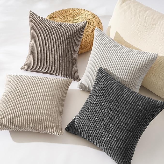 Topfinel 4 Packs Natural Decorative Throw Pillows Covers 24x24 Inch for Living Room Couch Bed Sofa, Rustic Farmhouse Boho Home Decor, Soft Plush Striped Corduroy Square Cushion Case 60x60 cm