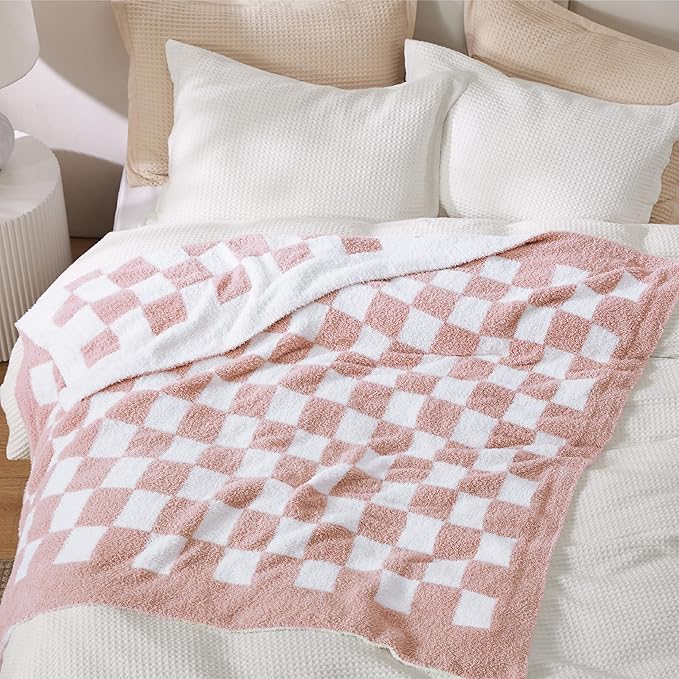 Bedsure GentleSoft Pink Checkered Throw Blanket for Couch - Soft Cozy Fluffy Blanket, Lightweight Warm Knit All Season Plaid Blankets for Bed Sofa, Birthday, for Women, 50x60 Inches