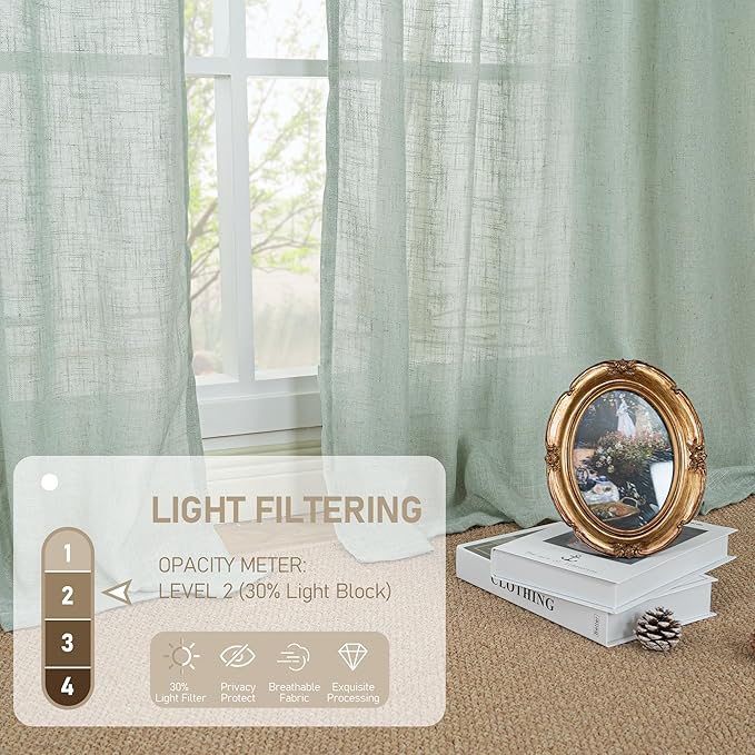 LAMIT 63 Inch Semi Sheer Linen Curtains, Light Filtering Panels Back Tab and Rod Pocket Neutral Drapes for Bedroom/Living Room, Light Sage, 2 Panels, 34 x 63 Inch