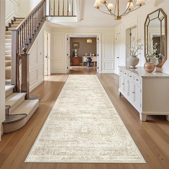 3x12 Runner Rug for Hallway, Non-Slip Long Bathroom Rugs Runner for Kitchen, Bedroom, Soft Vintage Abstract Washable Rug for Entryway, Thin Floor Mat for Dining Room(3'x12', Beige/Ivory)