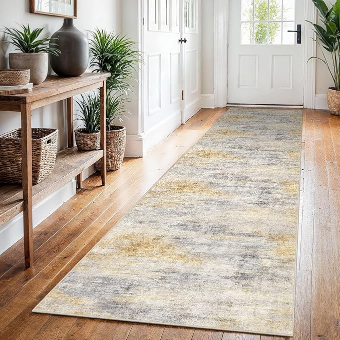 2'6''x12' Washable Kitchen Runner Rug: Modern Abstract Runners for Hallway Soft Non Slip Rugs with Rubber Backing Low Pile Thin Floor Carpet for Entryway Bedroom Bathroom Indoor(Grey/Yellow,2'6''x12')