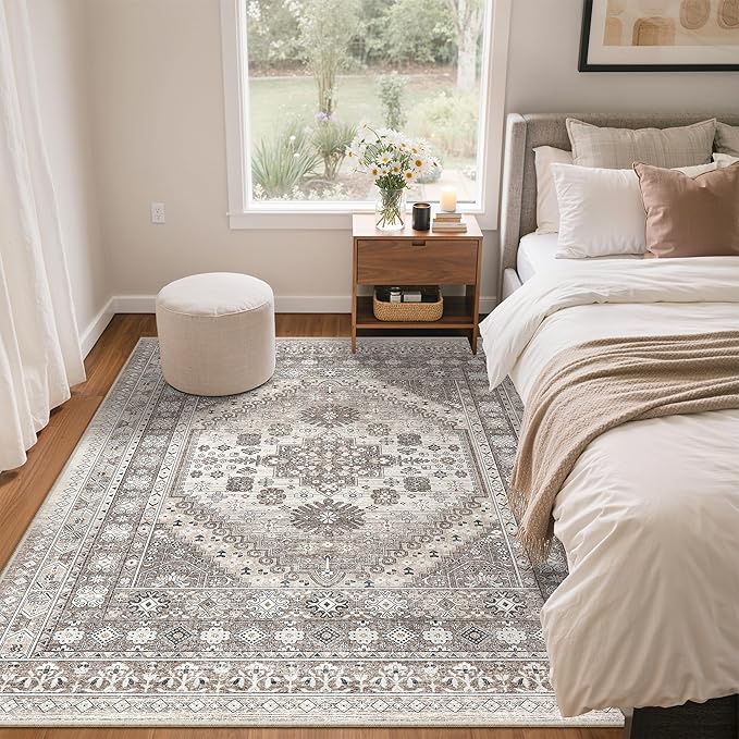 zesthome 4x6 Rug - Stain Resistant Washable Rug, Anti Slip Backing Rugs for Living Room, Foldable Vintage Small Area Rugs (Brown/Beige,4'x6')