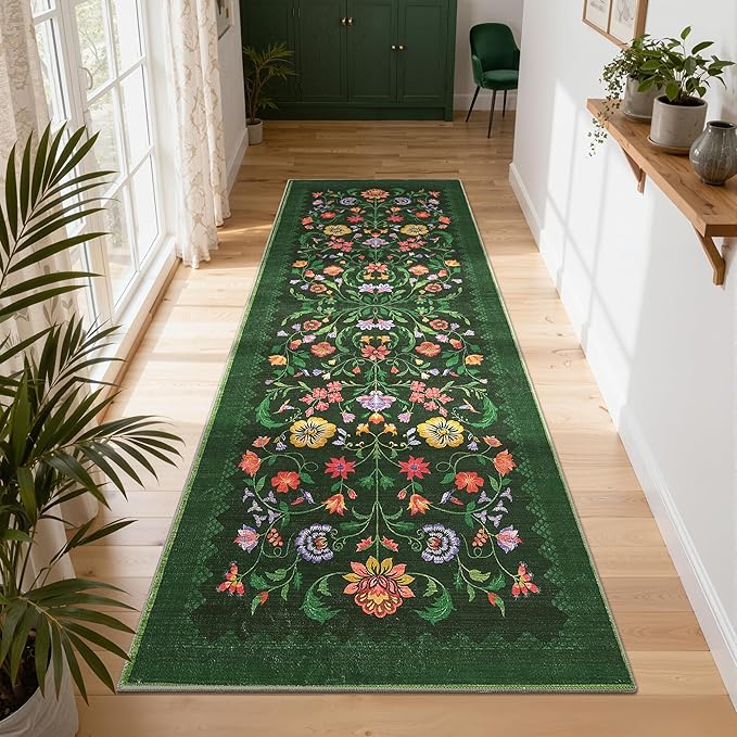 GarveeHome Floral Rug 2.5x10 Runners for Hallways, Boho Kitchen Runner Rugs Non Slip Bath Runners, Vintage Washable Runner Rug for Bedroom, Soft Long Rugs for Entryway Bathroom Laundry Dorm, Green