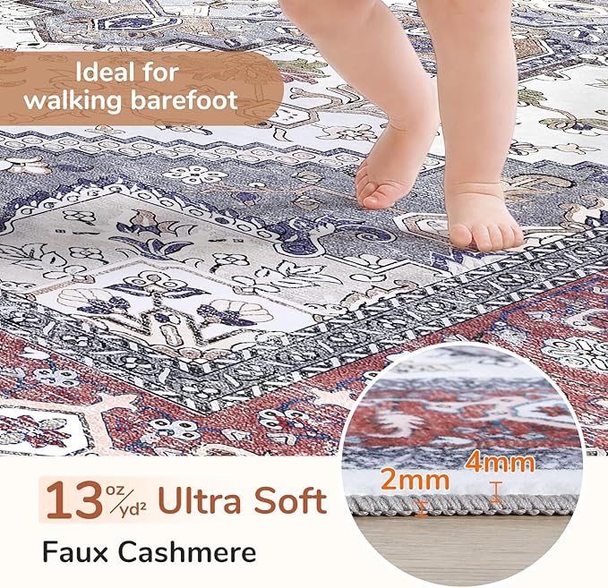 OPPODREAM Soft Entryway Rug 2x8, 2x8 Rug Runner, Washable Hallways Carpet 2 x 8 with Non Slip Backing, Low-Pile Bedside Carpet 2 x 8, Long, Faux Cashmere, Red & Grey